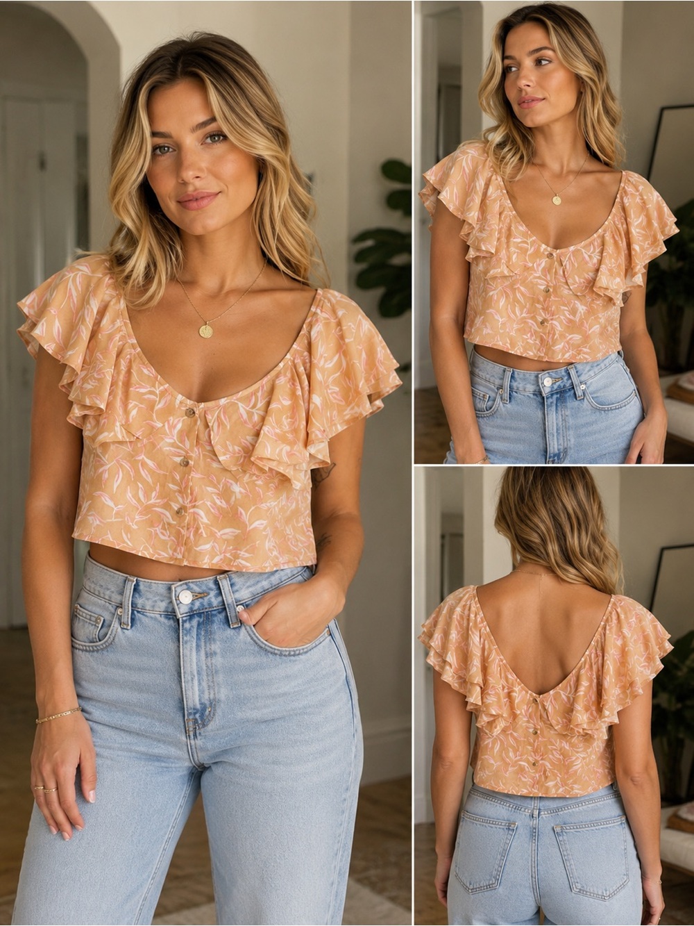 Peach Floral Ruffle Sleeve Crop Top – Size Small